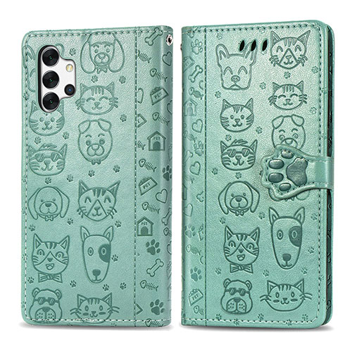 Leather Case Stands Fashionable Pattern Flip Cover Holder S03D for Samsung Galaxy A32 5G Green