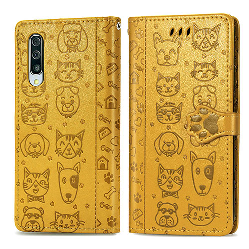 Leather Case Stands Fashionable Pattern Flip Cover Holder S03D for Samsung Galaxy A50 Yellow