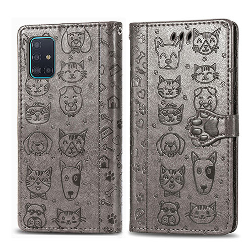 Leather Case Stands Fashionable Pattern Flip Cover Holder S03D for Samsung Galaxy A51 5G Gray