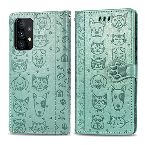 Leather Case Stands Fashionable Pattern Flip Cover Holder S03D for Samsung Galaxy A52 4G Green