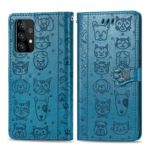 Leather Case Stands Fashionable Pattern Flip Cover Holder S03D for Samsung Galaxy A52 5G Blue