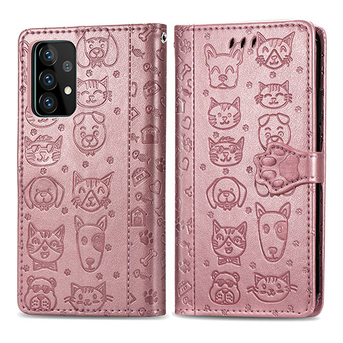 Leather Case Stands Fashionable Pattern Flip Cover Holder S03D for Samsung Galaxy A52 5G Pink