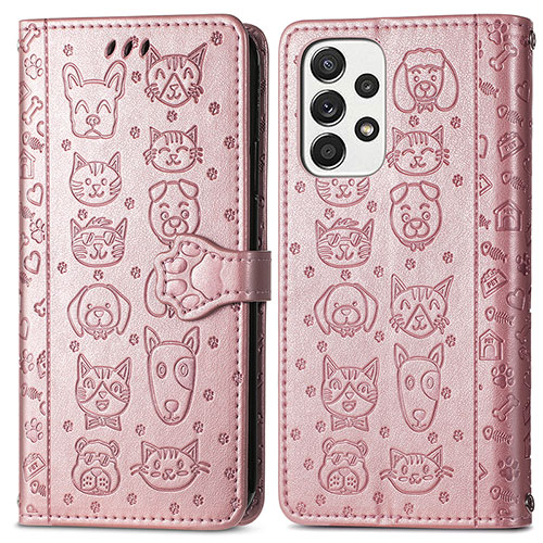 Leather Case Stands Fashionable Pattern Flip Cover Holder S03D for Samsung Galaxy A73 5G Pink