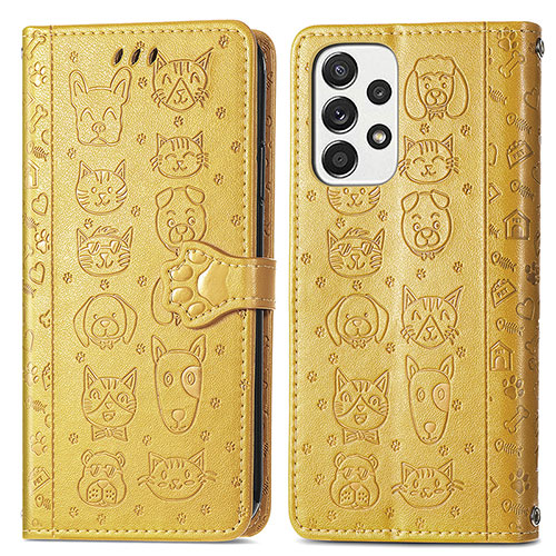 Leather Case Stands Fashionable Pattern Flip Cover Holder S03D for Samsung Galaxy A73 5G Yellow