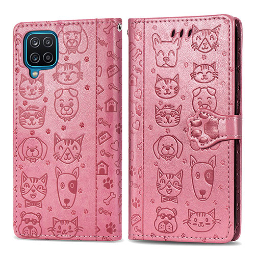 Leather Case Stands Fashionable Pattern Flip Cover Holder S03D for Samsung Galaxy M12 Pink