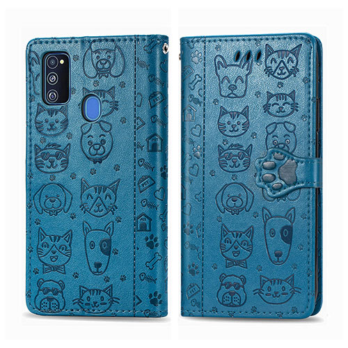 Leather Case Stands Fashionable Pattern Flip Cover Holder S03D for Samsung Galaxy M21 Blue