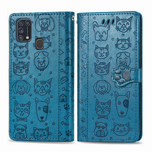 Leather Case Stands Fashionable Pattern Flip Cover Holder S03D for Samsung Galaxy M21s Blue