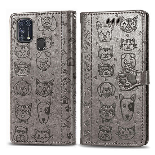 Leather Case Stands Fashionable Pattern Flip Cover Holder S03D for Samsung Galaxy M31 Gray