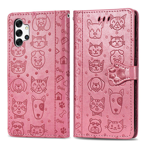 Leather Case Stands Fashionable Pattern Flip Cover Holder S03D for Samsung Galaxy M32 5G Rose Gold