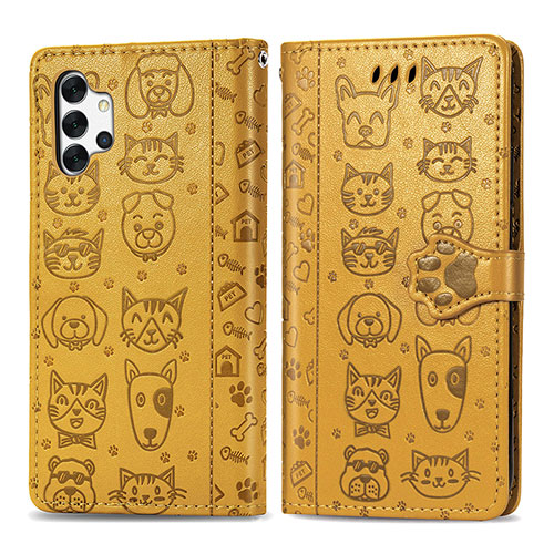 Leather Case Stands Fashionable Pattern Flip Cover Holder S03D for Samsung Galaxy M32 5G Yellow