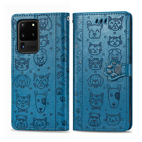 Leather Case Stands Fashionable Pattern Flip Cover Holder S03D for Samsung Galaxy S20 Ultra 5G Blue