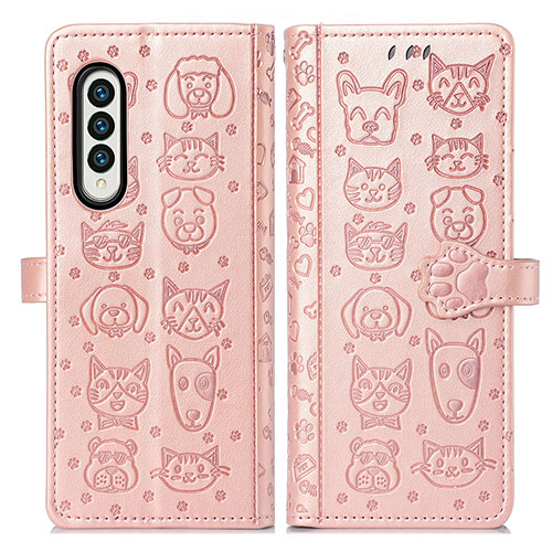 Leather Case Stands Fashionable Pattern Flip Cover Holder S03D for Samsung Galaxy Z Fold3 5G Pink