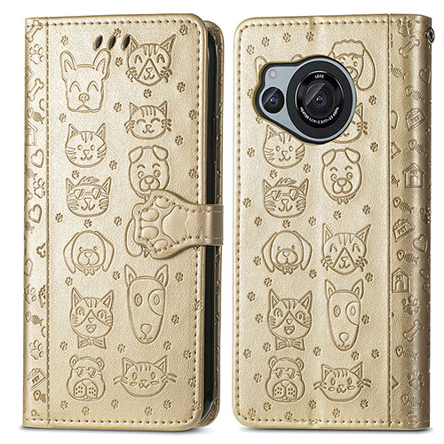 Leather Case Stands Fashionable Pattern Flip Cover Holder S03D for Sharp Aquos R8s Gold