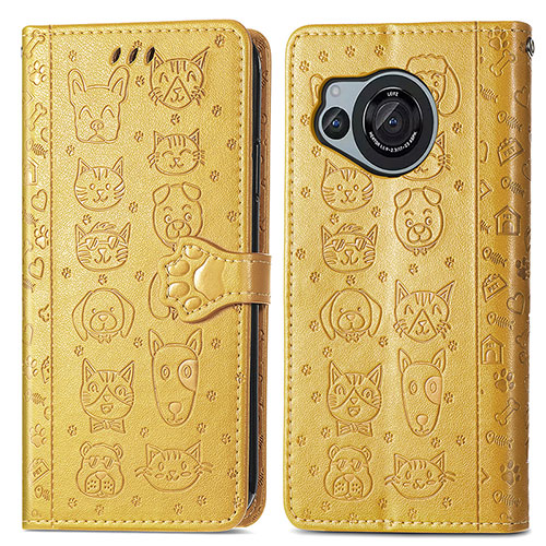 Leather Case Stands Fashionable Pattern Flip Cover Holder S03D for Sharp Aquos R8s Yellow