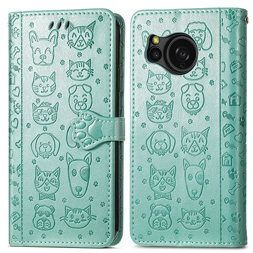 Leather Case Stands Fashionable Pattern Flip Cover Holder S03D for Sharp Aquos Sense8 Green