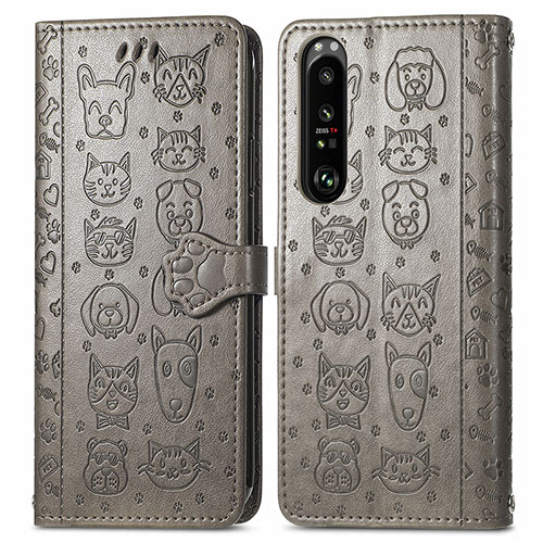 Leather Case Stands Fashionable Pattern Flip Cover Holder S03D for Sony Xperia 1 III Gray