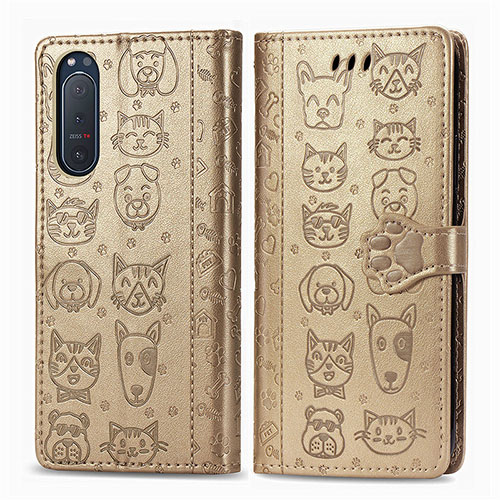 Leather Case Stands Fashionable Pattern Flip Cover Holder S03D for Sony Xperia 5 II Gold