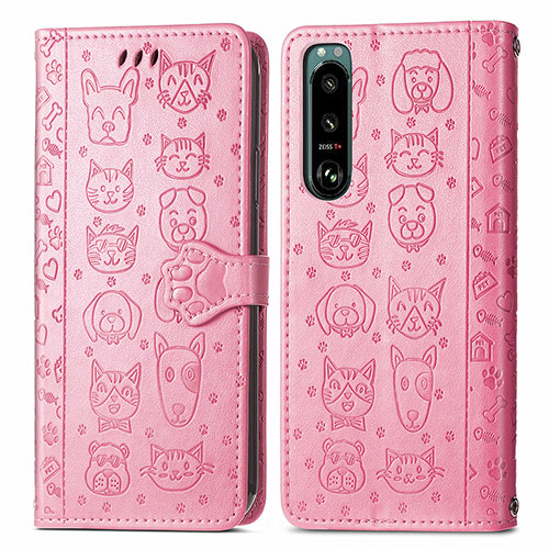 Leather Case Stands Fashionable Pattern Flip Cover Holder S03D for Sony Xperia 5 III Pink