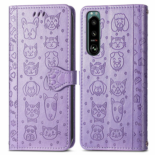 Leather Case Stands Fashionable Pattern Flip Cover Holder S03D for Sony Xperia 5 III Purple