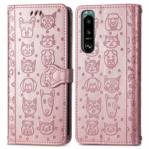 Leather Case Stands Fashionable Pattern Flip Cover Holder S03D for Sony Xperia 5 III Rose Gold