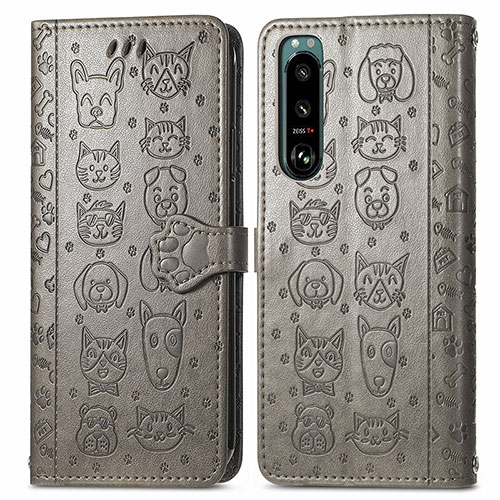 Leather Case Stands Fashionable Pattern Flip Cover Holder S03D for Sony Xperia 5 III SO-53B Gray