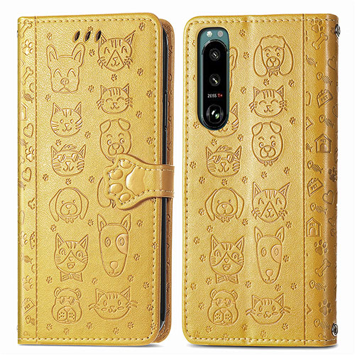 Leather Case Stands Fashionable Pattern Flip Cover Holder S03D for Sony Xperia 5 IV Yellow