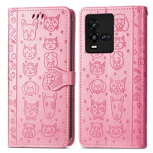 Leather Case Stands Fashionable Pattern Flip Cover Holder S03D for Vivo iQOO 9T 5G Pink