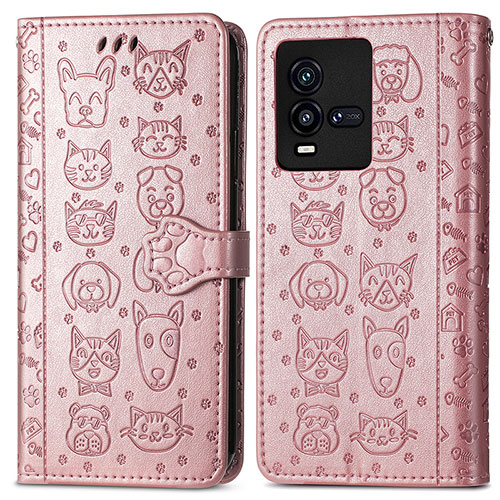 Leather Case Stands Fashionable Pattern Flip Cover Holder S03D for Vivo iQOO 9T 5G Rose Gold