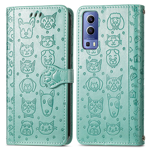 Leather Case Stands Fashionable Pattern Flip Cover Holder S03D for Vivo iQOO Z3 5G Green