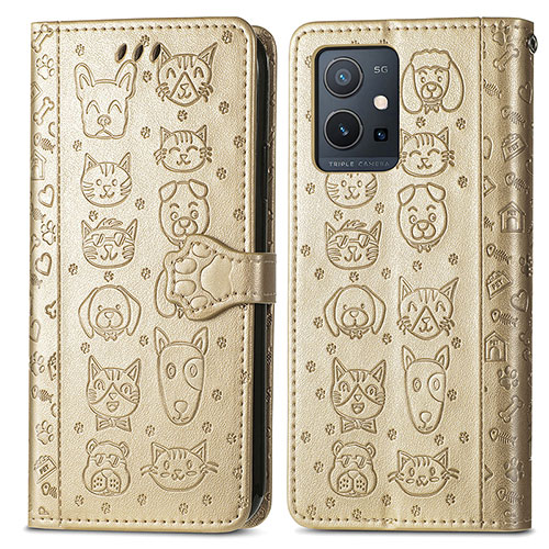 Leather Case Stands Fashionable Pattern Flip Cover Holder S03D for Vivo iQOO Z6 5G Gold