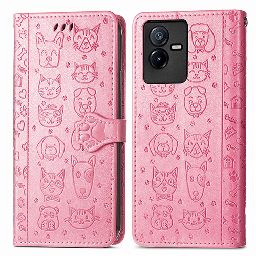 Leather Case Stands Fashionable Pattern Flip Cover Holder S03D for Vivo T2x 5G Pink