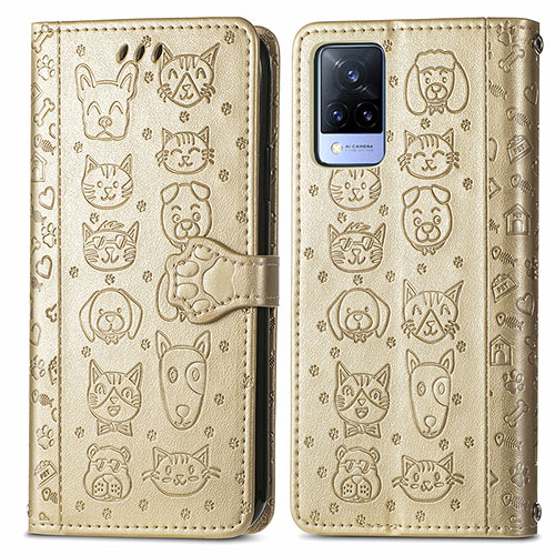 Leather Case Stands Fashionable Pattern Flip Cover Holder S03D for Vivo V21 5G Gold