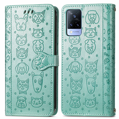 Leather Case Stands Fashionable Pattern Flip Cover Holder S03D for Vivo V21s 5G Green