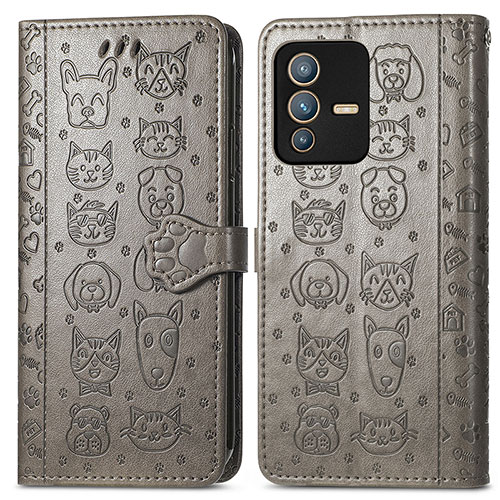 Leather Case Stands Fashionable Pattern Flip Cover Holder S03D for Vivo V23 Pro 5G Gray