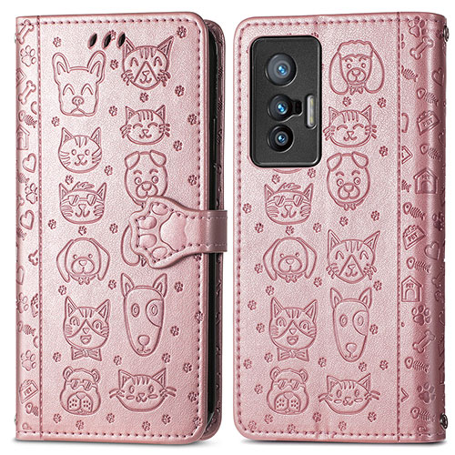 Leather Case Stands Fashionable Pattern Flip Cover Holder S03D for Vivo X70t Rose Gold