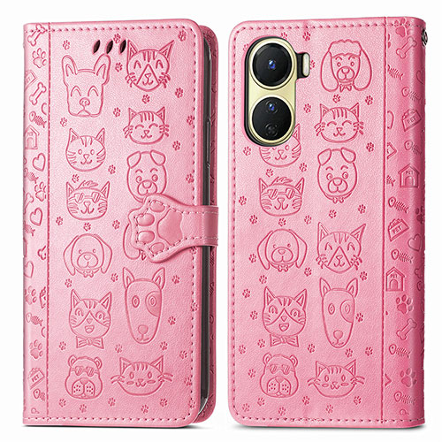 Leather Case Stands Fashionable Pattern Flip Cover Holder S03D for Vivo Y02S Pink