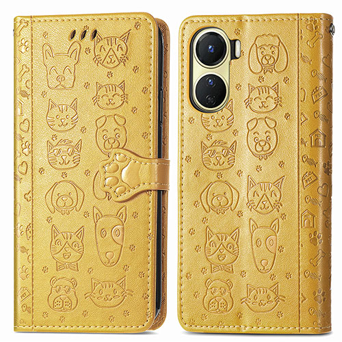 Leather Case Stands Fashionable Pattern Flip Cover Holder S03D for Vivo Y02S Yellow