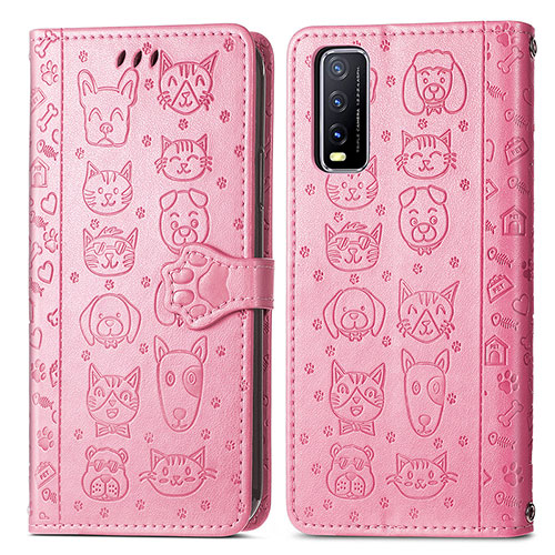 Leather Case Stands Fashionable Pattern Flip Cover Holder S03D for Vivo Y12G Pink