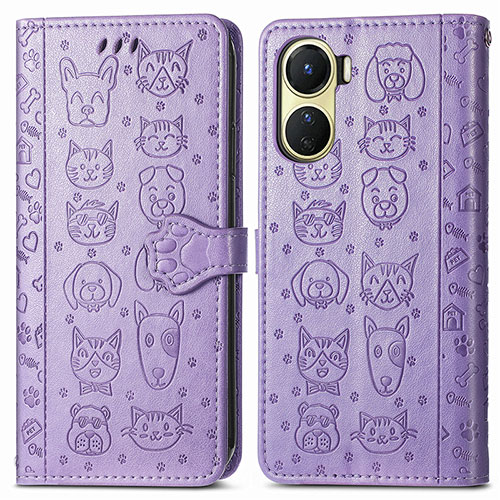 Leather Case Stands Fashionable Pattern Flip Cover Holder S03D for Vivo Y16 Purple