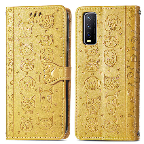 Leather Case Stands Fashionable Pattern Flip Cover Holder S03D for Vivo Y20s G Yellow