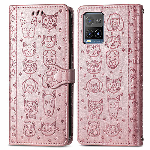 Leather Case Stands Fashionable Pattern Flip Cover Holder S03D for Vivo Y21G Rose Gold