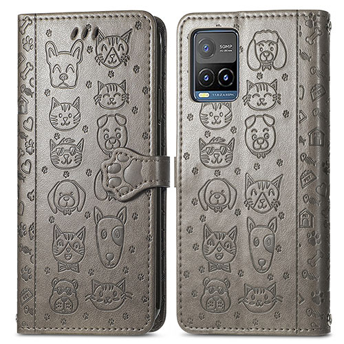 Leather Case Stands Fashionable Pattern Flip Cover Holder S03D for Vivo Y21s Gray