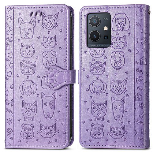 Leather Case Stands Fashionable Pattern Flip Cover Holder S03D for Vivo Y30 5G Purple