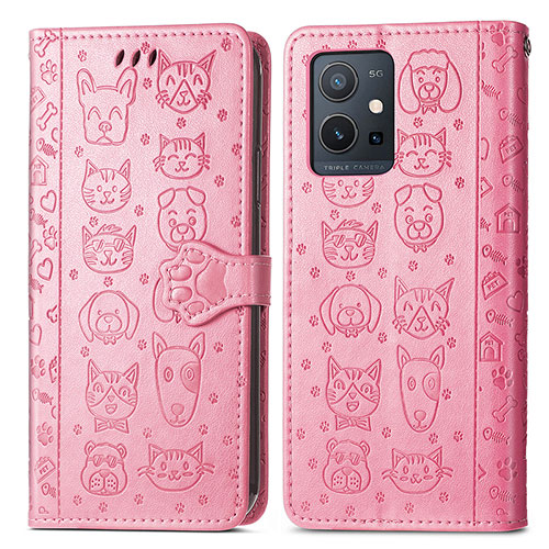 Leather Case Stands Fashionable Pattern Flip Cover Holder S03D for Vivo Y33e 5G Pink