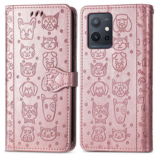 Leather Case Stands Fashionable Pattern Flip Cover Holder S03D for Vivo Y33e 5G Rose Gold