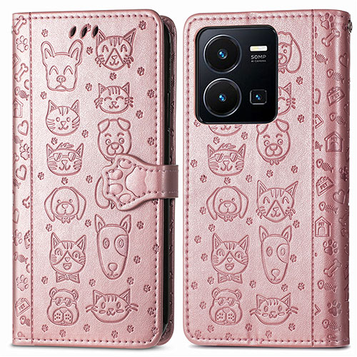 Leather Case Stands Fashionable Pattern Flip Cover Holder S03D for Vivo Y35 4G Rose Gold