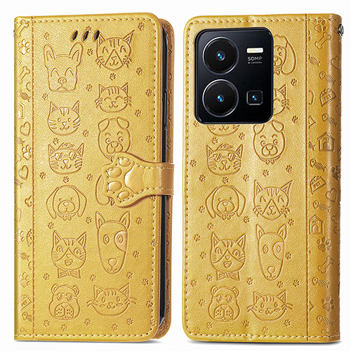Leather Case Stands Fashionable Pattern Flip Cover Holder S03D for Vivo Y35 4G Yellow