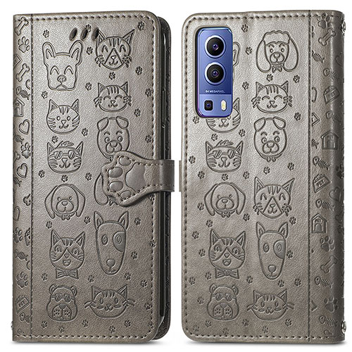 Leather Case Stands Fashionable Pattern Flip Cover Holder S03D for Vivo Y52 5G Gray