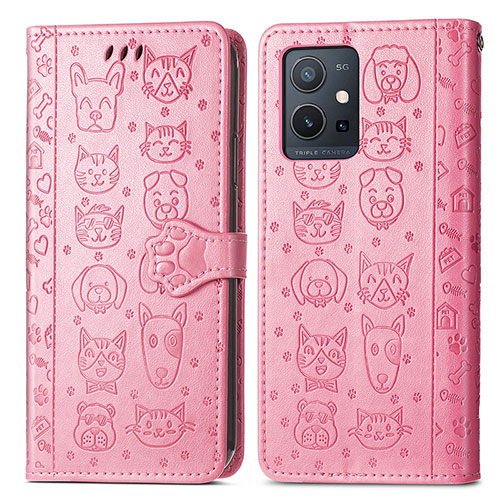 Leather Case Stands Fashionable Pattern Flip Cover Holder S03D for Vivo Y55 5G Pink