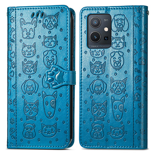Leather Case Stands Fashionable Pattern Flip Cover Holder S03D for Vivo Y55s 5G Blue